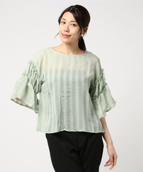 STYLEBLOCK（スタイルブロック）の「シアーチェックギャザーフレアスリーブ透けブラウス（シャツ/ブラウス・レディース・オレンジ/ホワイト/ブラック/ミント・M）」の3枚目の写真