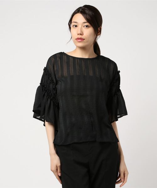 STYLEBLOCK（スタイルブロック）の「シアーチェックギャザーフレアスリーブ透けブラウス（シャツ/ブラウス・レディース・オレンジ/ホワイト/ブラック/ミント・M）」の2枚目の写真