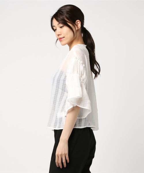 STYLEBLOCK（スタイルブロック）の「シアーチェックギャザーフレアスリーブ透けブラウス（シャツ/ブラウス・レディース・オレンジ/ホワイト/ブラック/ミント・M）」の5枚目の写真