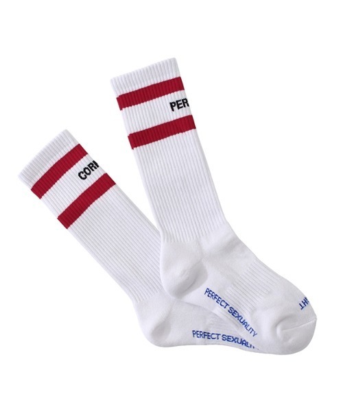 PERFECTCORNER（パーフェクトコーナー）の「【PERFECTCORNER 】レフトライト ハイソックス(FILE) / PERFECT CORNER LEFT RIGHT HIGH SOCKS(FILE)（ソックス/靴下・レディース・グレー/ホワイト×レッド/ホワイト×ブラック/ブラック×パープル/ブラック×レッド・FREE）」の2枚目の写真