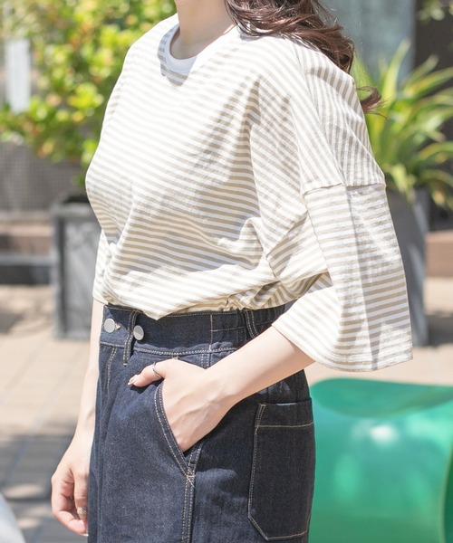 PairPair（ペアペア）の「ボーダーBIGTシャツ(ユニセックス)（Tシャツ/カットソー・メンズ・ブラック/ベージュ/オレンジ・MEDIUM/LARGE）」の14枚目の写真