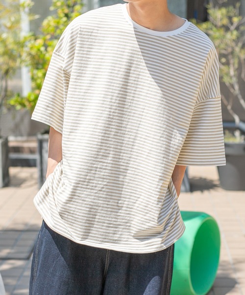 PairPair（ペアペア）の「ボーダーBIGTシャツ(ユニセックス)（Tシャツ/カットソー・メンズ・ブラック/ベージュ/オレンジ・MEDIUM/LARGE）」の5枚目の写真