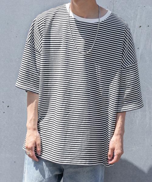 PairPair（ペアペア）の「ボーダーBIGTシャツ(ユニセックス)（Tシャツ/カットソー・メンズ・ブラック/ベージュ/オレンジ・MEDIUM/LARGE）」の8枚目の写真