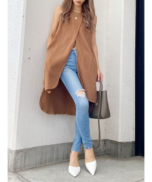 GYDA(ジェイダ)の「フロントスリットワッフルロングノースリーブTOPS(Tシャツ/カットソー・レディース・オフホワイト/ダークグリーン/キャメル・FREE)」の7枚目の写真