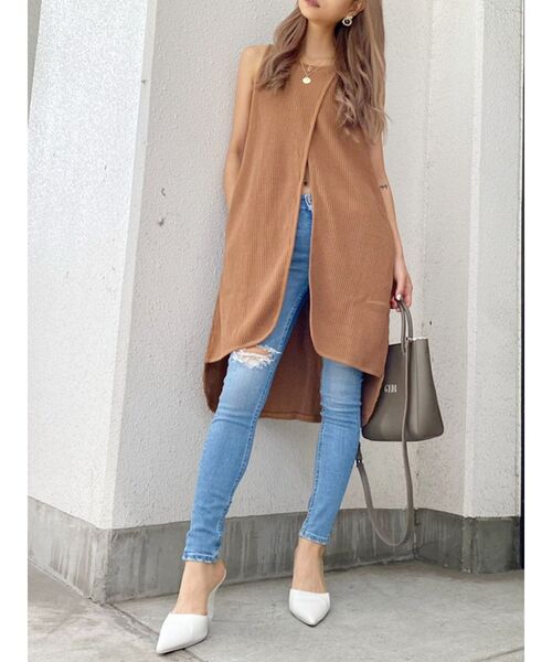 GYDA(ジェイダ)の「フロントスリットワッフルロングノースリーブTOPS(Tシャツ/カットソー・レディース・オフホワイト/ダークグリーン/キャメル・FREE)」の5枚目の写真