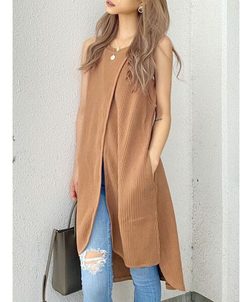 GYDA(ジェイダ)の「フロントスリットワッフルロングノースリーブTOPS(Tシャツ/カットソー・レディース・オフホワイト/ダークグリーン/キャメル・FREE)」の12枚目の写真
