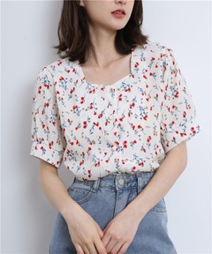セール】コバナプリントリブスクエアネックTシャツ（Tシャツ