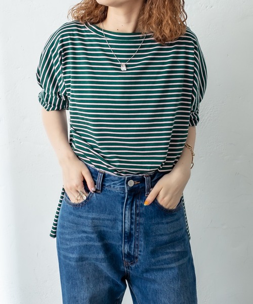 mystic（ミスティック）の「ボーダー袖タックTシャツ（Tシャツ/カットソー・レディース・グリーン/ブルー/オフホワイト・FREE）」の3枚目の写真