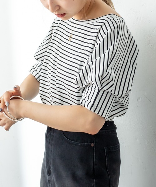 mystic（ミスティック）の「ボーダー袖タックTシャツ（Tシャツ/カットソー・レディース・グリーン/ブルー/オフホワイト・FREE）」の9枚目の写真