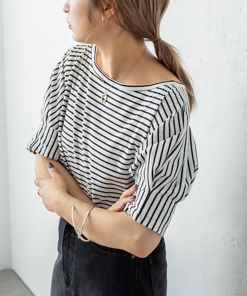 mystic（ミスティック）の「ボーダー袖タックTシャツ（Tシャツ/カットソー・レディース・グリーン/ブルー/オフホワイト・FREE）」の10枚目の写真