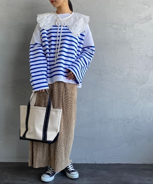 ORCIVAL（オーシバル）の「[ORCIVAL/オーシバル] ビッグシルエットボーダーTシャツ（Tシャツ/カットソー・レディース・ホワイト/グレイッシュベージュ/チャコール/ホワイト×ネイビー/ホワイト×グリーン・1）」の9枚目の写真