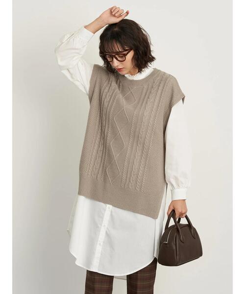earth music&ecology（アースミュージックアンドエコロジー）の「SET2点ケーブルベスト+フリル衿シャツワンピース ＊（ワンピース・レディース・ライトグレー/モカ/ブラック・FREE）」の4枚目の写真