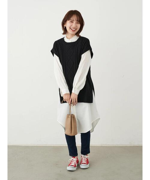 earth music&ecology（アースミュージックアンドエコロジー）の「SET2点ケーブルベスト+フリル衿シャツワンピース ＊（ワンピース・レディース・ライトグレー/モカ/ブラック・FREE）」の5枚目の写真