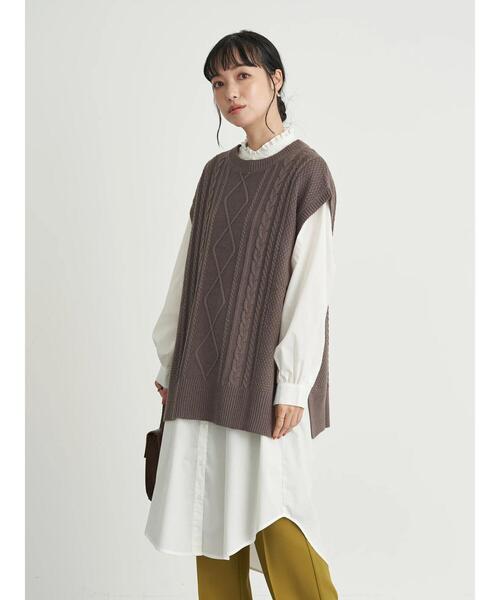 earth music&ecology（アースミュージックアンドエコロジー）の「SET2点ケーブルベスト+フリル衿シャツワンピース ＊（ワンピース・レディース・ライトグレー/モカ/ブラック・FREE）」の6枚目の写真