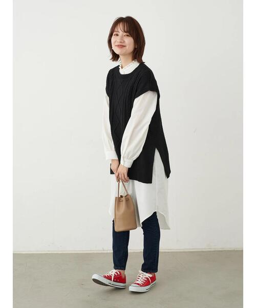 earth music&ecology（アースミュージックアンドエコロジー）の「SET2点ケーブルベスト+フリル衿シャツワンピース ＊（ワンピース・レディース・ライトグレー/モカ/ブラック・FREE）」の8枚目の写真