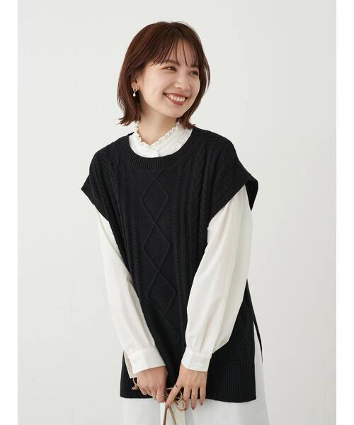 earth music&ecology（アースミュージックアンドエコロジー）の「SET2点ケーブルベスト+フリル衿シャツワンピース ＊（ワンピース・レディース・ライトグレー/モカ/ブラック・FREE）」の14枚目の写真