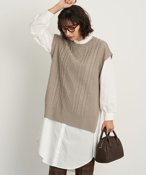 earth music&ecology（アースミュージックアンドエコロジー）の「SET2点ケーブルベスト+フリル衿シャツワンピース ＊（ワンピース・レディース・ライトグレー/モカ/ブラック・FREE）」の3枚目の写真