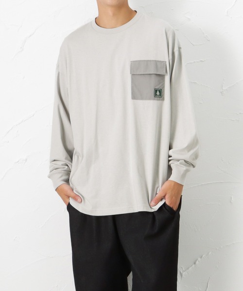 Woods(ウッズ)の「異素材ポケット バックプリント ロングスリーブTシャツ(Tシャツ/カットソー・メンズ・ホワイト/ブラック/グレー・XL/L/M)」の1枚目の写真
