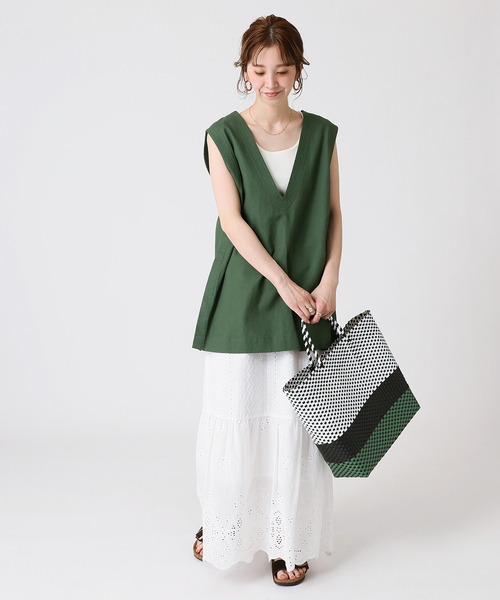 B.C STOCK（ベーセーストック）の「ステッチワーク コットンリネンベスト（ベスト・レディース・グリーン/ベージュ/アイボリー・FREE）」の8枚目の写真