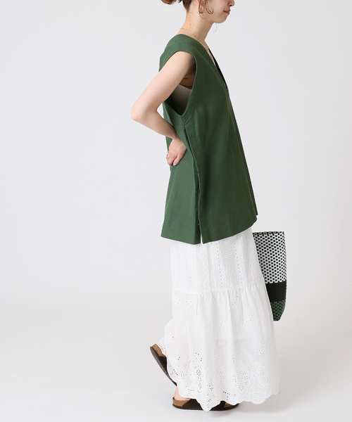 B.C STOCK（ベーセーストック）の「ステッチワーク コットンリネンベスト（ベスト・レディース・グリーン/ベージュ/アイボリー・FREE）」の12枚目の写真