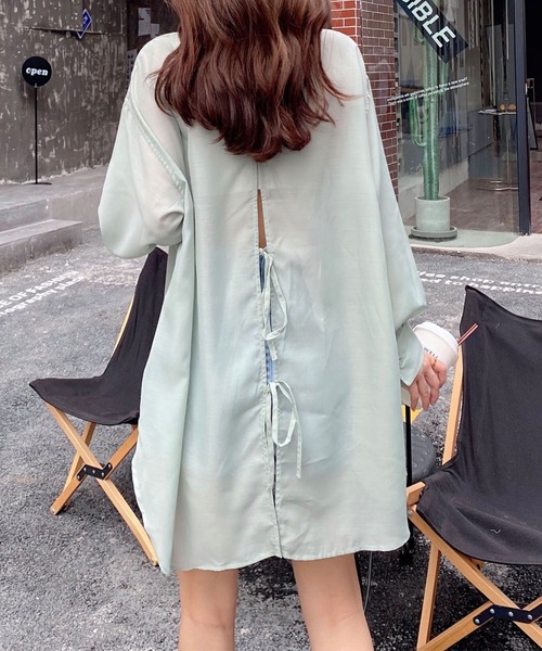 AsRiRe(アスリレイ)の「【AsRiRe】バックリボンロングシアーシャツ(シャツ/ブラウス・レディース・ミント/ピンク・M)」の1枚目の写真