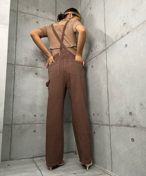 ROGER AND RAW（ロジャーアンドロウ）の「COLOR TWILL OVER ALL（サロペット/オーバーオール・レディース・ブラウン/ピンク/グリーン/アイボリー・MEDIUM）」の5枚目の写真