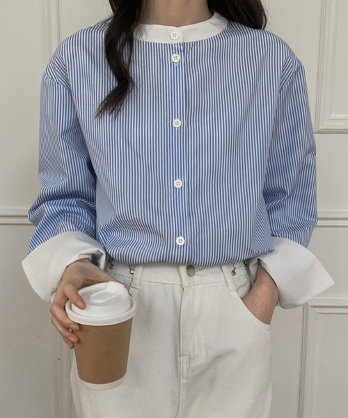 ABITOKYO(アビトーキョー)の「バンドカラー配色ストライプルーズシャツ(シャツ/ブラウス・レディース・グリーン/ブルー/ピンク/ブラック・M/L)」の3枚目の写真