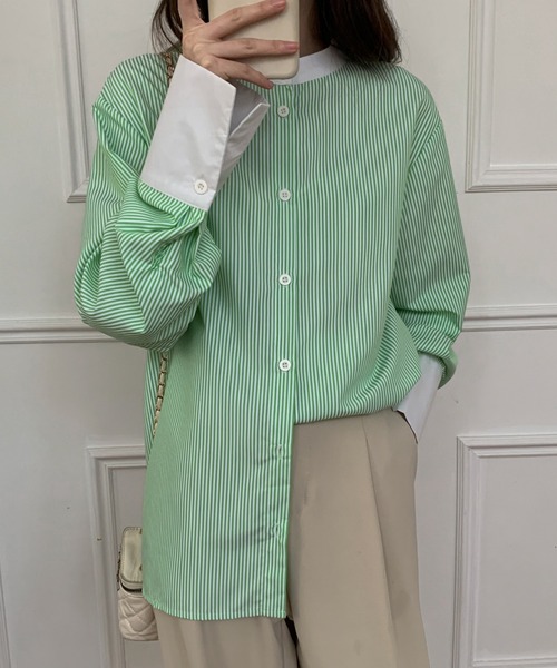 ABITOKYO(アビトーキョー)の「バンドカラー配色ストライプルーズシャツ(シャツ/ブラウス・レディース・グリーン/ブルー/ピンク/ブラック・M/L)」の1枚目の写真