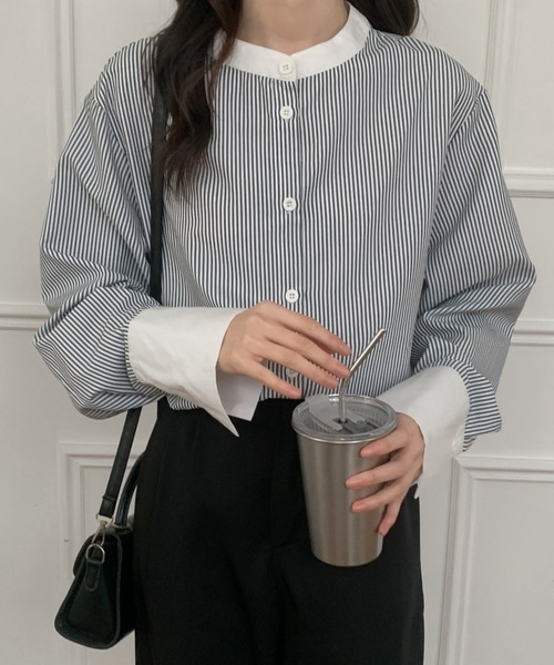 ABITOKYO(アビトーキョー)の「バンドカラー配色ストライプルーズシャツ(シャツ/ブラウス・レディース・グリーン/ブルー/ピンク/ブラック・M/L)」の2枚目の写真