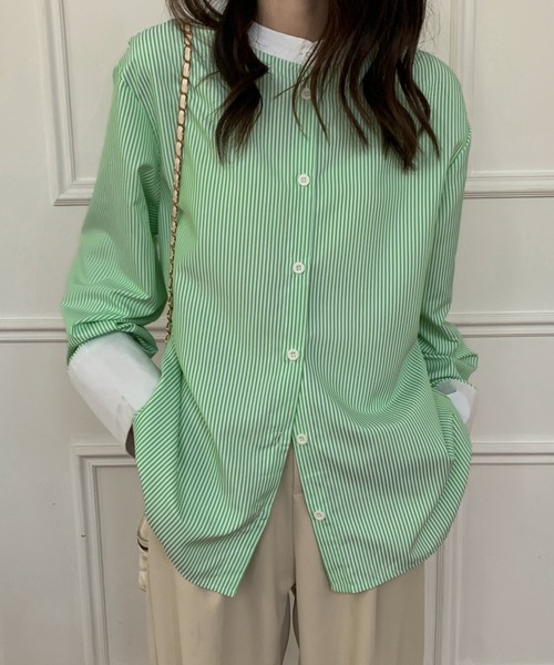 ABITOKYO(アビトーキョー)の「バンドカラー配色ストライプルーズシャツ(シャツ/ブラウス・レディース・グリーン/ブルー/ピンク/ブラック・M/L)」の20枚目の写真