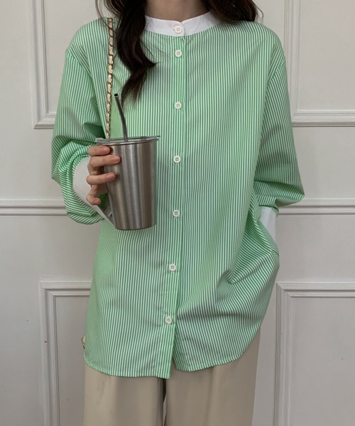ABITOKYO(アビトーキョー)の「バンドカラー配色ストライプルーズシャツ(シャツ/ブラウス・レディース・グリーン/ブルー/ピンク/ブラック・M/L)」の10枚目の写真