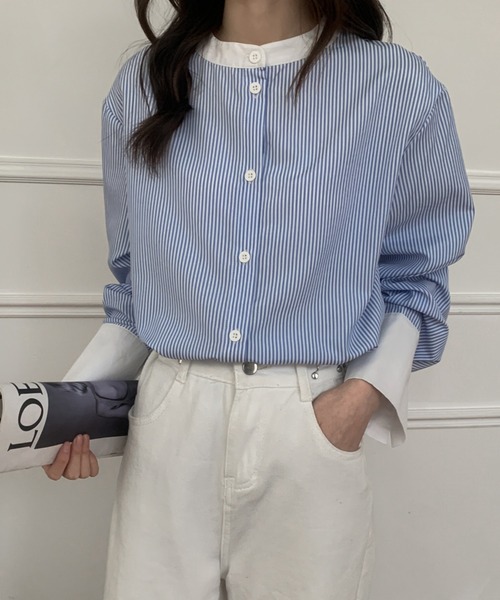 ABITOKYO(アビトーキョー)の「バンドカラー配色ストライプルーズシャツ(シャツ/ブラウス・レディース・グリーン/ブルー/ピンク/ブラック・M/L)」の16枚目の写真