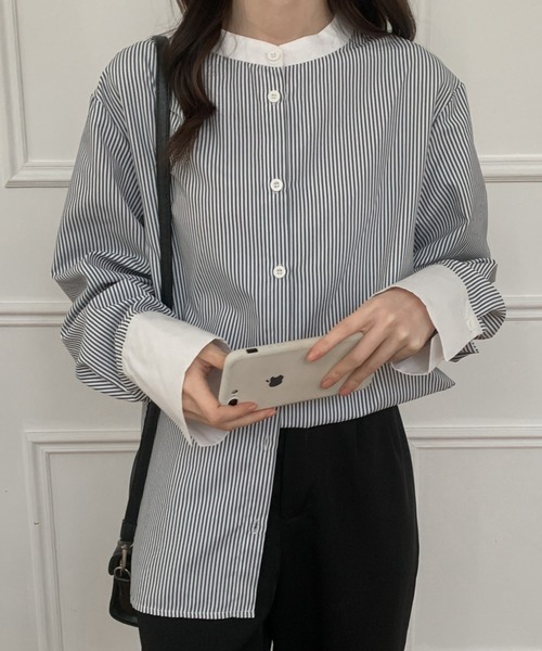 ABITOKYO(アビトーキョー)の「バンドカラー配色ストライプルーズシャツ(シャツ/ブラウス・レディース・グリーン/ブルー/ピンク/ブラック・M/L)」の14枚目の写真