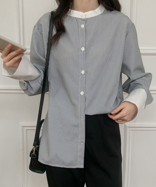 ABITOKYO(アビトーキョー)の「バンドカラー配色ストライプルーズシャツ(シャツ/ブラウス・レディース・グリーン/ブルー/ピンク/ブラック・M/L)」の13枚目の写真
