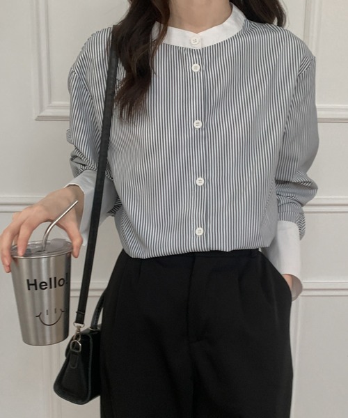 ABITOKYO(アビトーキョー)の「バンドカラー配色ストライプルーズシャツ(シャツ/ブラウス・レディース・グリーン/ブルー/ピンク/ブラック・M/L)」の12枚目の写真