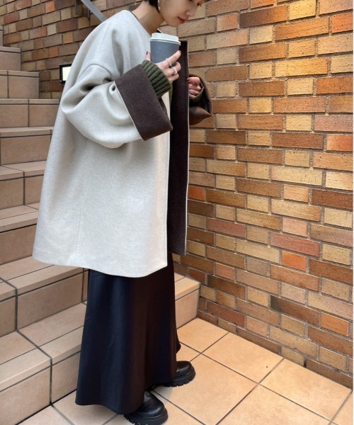 MAISON BREEZE（メゾンブリーズ）の「【MAISON BREEZE】ニットメルトンミドルコート（ノーカラージャケット・レディース・アイボリー/ブラック/グレー・FREE）」の12枚目の写真