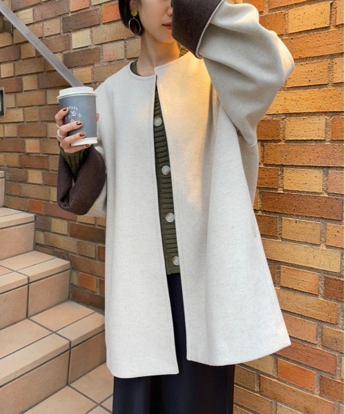 MAISON BREEZE（メゾンブリーズ）の「【MAISON BREEZE】ニットメルトンミドルコート（ノーカラージャケット・レディース・アイボリー/ブラック/グレー・FREE）」の16枚目の写真