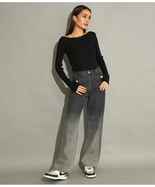 ANAP（アナップ）の「バックオープンサムホールリブニットトップス（ニット/セーター・レディース・ブラック/アイボリー/ブラウン/オレンジ/ダークブラウン/オフホワイト・FREE）」の12枚目の写真