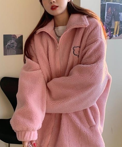 BTS ピンク　ボアジャケット ハイネックテディベアボアジャケット（ブルゾン）｜Vipoa（ヴィポア