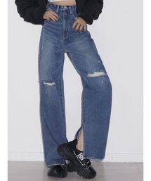 GYDA | ハイウエスト KNEEダメージスリット ストレートデニムパンツ(デニムパンツ)