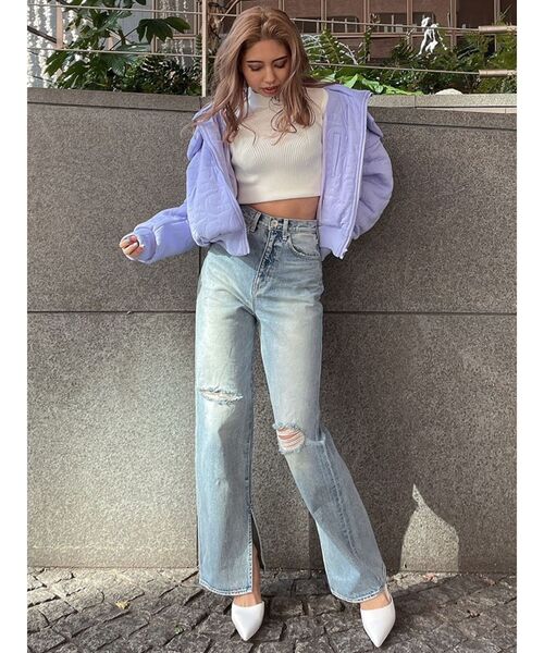 GYDA（ジェイダ）の「ハイウエスト KNEEダメージスリット ストレートデニムパンツ（デニムパンツ・レディース・ブルー/ライトブルー・X-SMALL/SMALL/MEDIUM）」の5枚目の写真