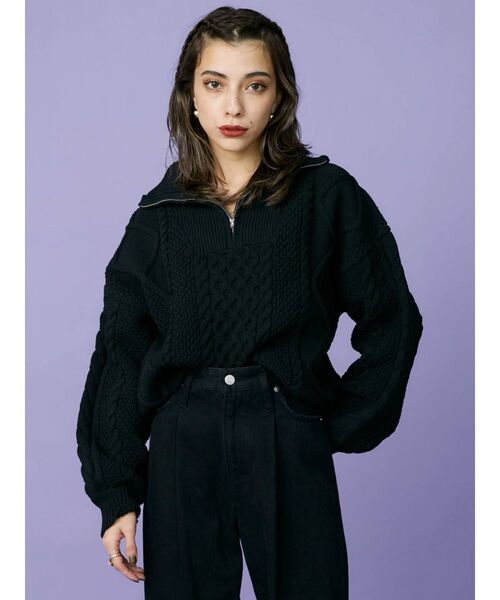 EVRIS（エヴリス）の「ハーフジップケーブルライトニットトップス（ニット/セーター・レディース・アイボリー/ブルー/ブラック/パープル・FREE）」の7枚目の写真