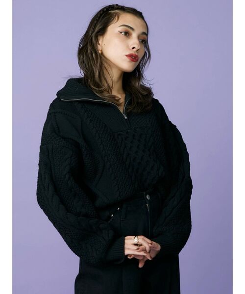 EVRIS（エヴリス）の「ハーフジップケーブルライトニットトップス（ニット/セーター・レディース・アイボリー/ブルー/ブラック/パープル・FREE）」の11枚目の写真