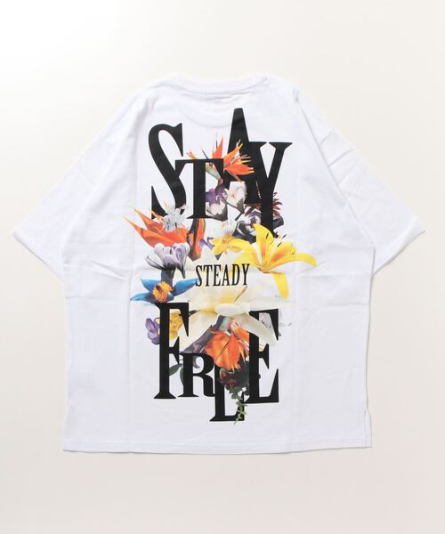 RE730(アールイーセブンサーティー)の「RE730 バックのフラワーコラージュが鮮やかな半袖Tシャツ ビッグシルエット(Tシャツ/カットソー・メンズ・ブラック/オフホワイト/ターコイズブルー・MEDIUM/LARGE/X-LARGE)」の4枚目の写真