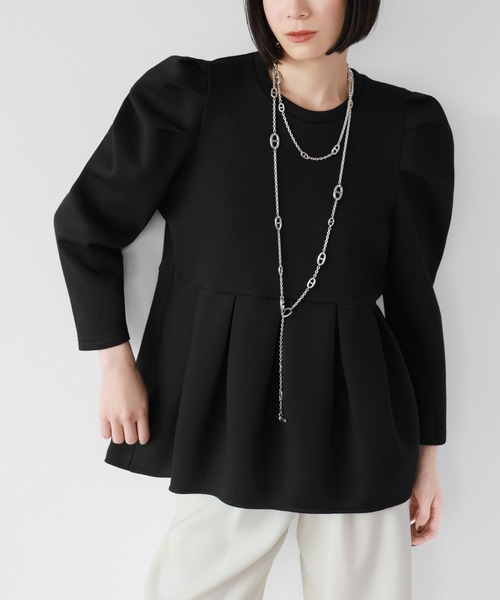 ELFRANK(エルフランク)の「ダンボールニットパワーショルダーペプラムプルオーバー(Tシャツ/カットソー・レディース・グレー/ブラック/オフホワイト・FREE)」の3枚目の写真
