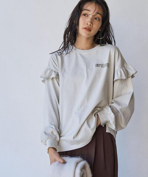 coen（コーエン）の「ピグメント袖フリルツアーロングスリーブTシャツ（Tシャツ/カットソー・レディース・ダークグレー/ベージュ/ライトグレー/オフホワイト・L/M）」の2枚目の写真