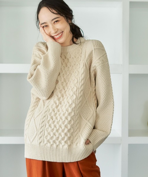 studio CLIP（スタディオクリップ）の「【毛玉になりにくい/マシンウォッシャブル】3ゲージお手入れらくらくケーブルニット（ニット/セーター・レディース・その他1/その他2/アイボリー・FREE）」の7枚目の写真