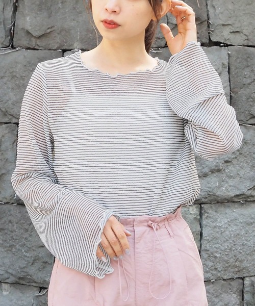 tiptop（ティップトップ）の「シアーボーダーロンT×キャミセット（Tシャツ/カットソー・レディース・チャコールグレー/オフホワイト/アイボリー/ブルー・FREE）」の6枚目の写真