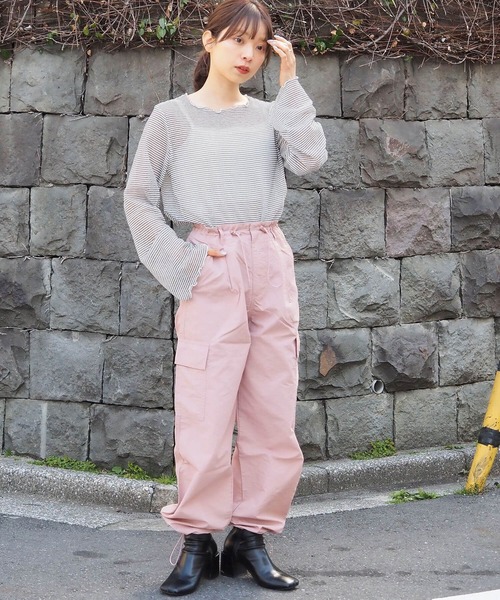 tシャツ Double Date Top シアーボーダースリーブ レディース シアーボーダー前後2wayTシャツ [C7228] - レディース