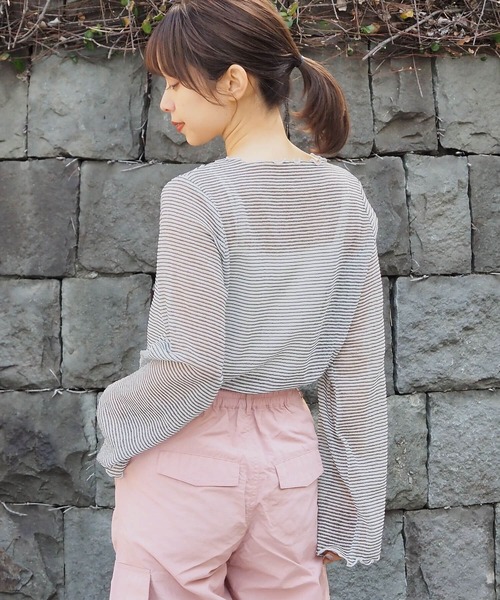 セール】シアーボーダーロンT×キャミセット（Tシャツ/カットソー